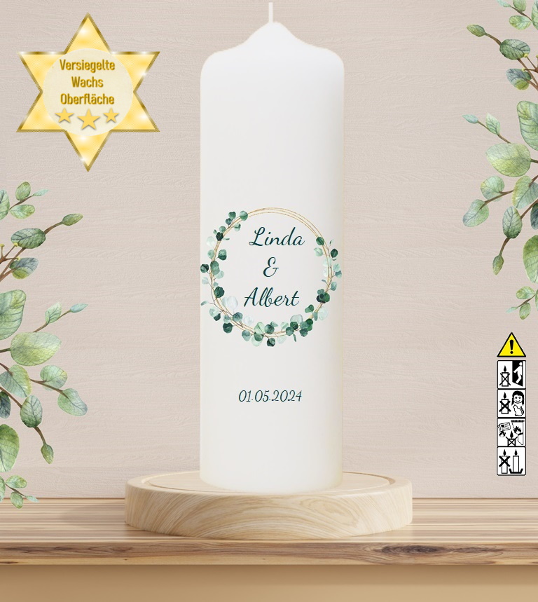 Personalisierte Hochzeitskerze "Eukalyptuskranz" 30 cm Personalisierte Hochzeitskerze "Eukalyptuskranz" 30 cm