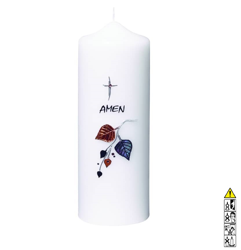 Gedenkkerze weiss Blätter am Zweig 200 x 70 mm Eine edle Kerze für die Trauer und zum Gedenken weiss Blätter am Zweig 200 x 70 mm