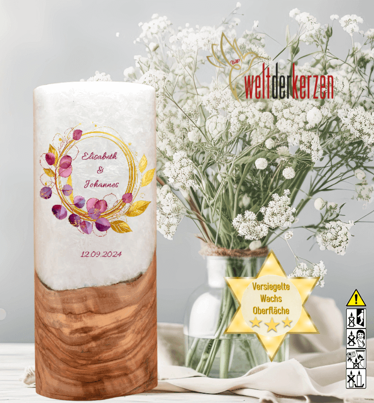 "Eukalytus Bordaux" Hochzeitskerze mit Holzelement 25 cm hoch