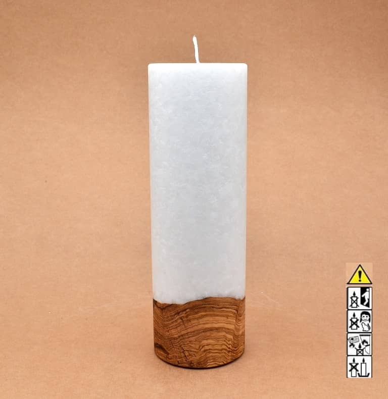 Kerze 80x250mm mit Holzelement, Individuelle, persönliche Hochzeitskerze  Holzkerze, Rund Stearinoptik, Hochzeitskerze mit Teelicht im Kerzen online Shop für Hochzeiten bestellen, günstig kaufen.