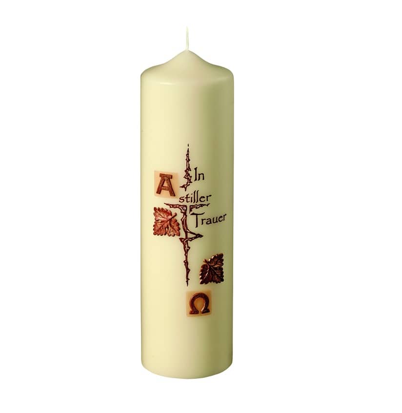 Eine edle Kerze für die Trauer und zum Gedenken champagner In stiller Trauer Kreuz und Blätter 250 x 70 mm
