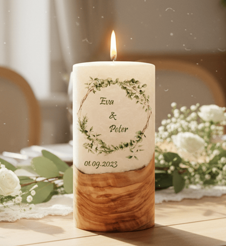 "Eukalyptuszweige" Hochzeitskerze mit Holzelement 20 cm hoch