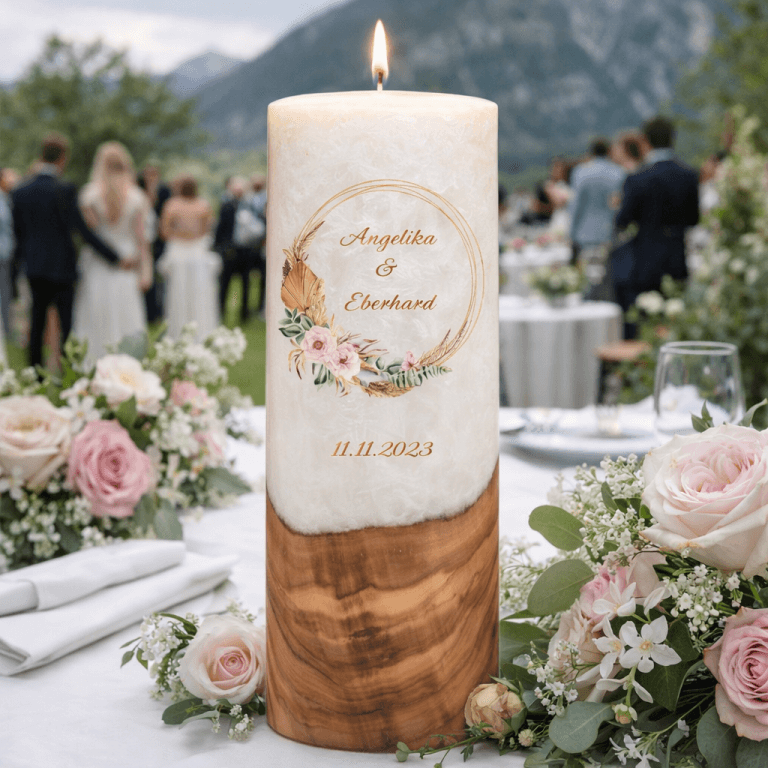 "Rustica Kranz" Hochzeitskerze mit Holzelement 30 cm hoch