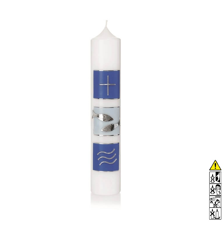 Hochwertige Taufkerze Junge Kreuz Fische Welle in blau silber 265 x 50 mm