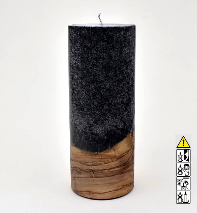 Kerze mit Holz Unikat Rund 80 x 200 mm mit Docht in schwarz