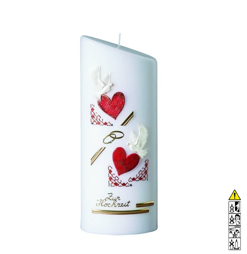 Hochwertige individuelle Hochzeitskerze für die Trauung rote Herzen mit Tauben Elipse abgeschrägt 230 x 90/55 mm