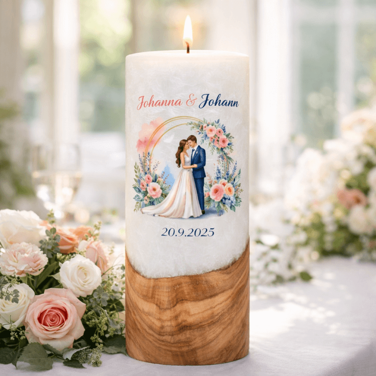 "Brautpaar im Rosenbogen" Hochzeitskerze mit Holzelement 30 cm hoch