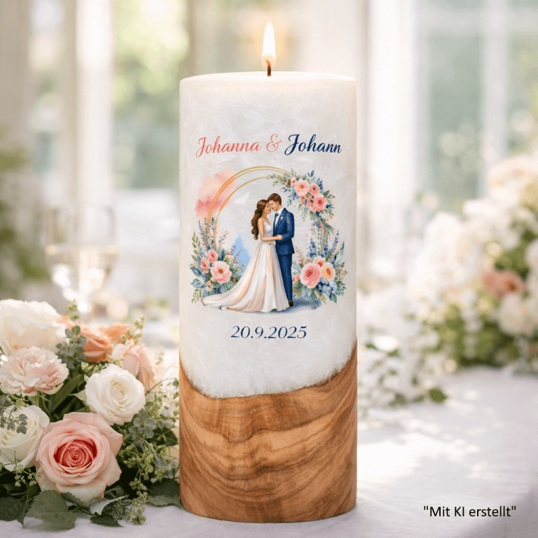 "Brautpaar im Rosenbogen" Hochzeitskerze mit Holzelement 30 cm hoch