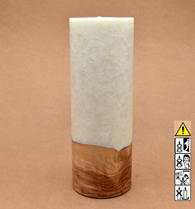 Kerze mit Holz Unikat Rund 90 x 250 mm mit Teelicht in elfenbein Nr.: 3