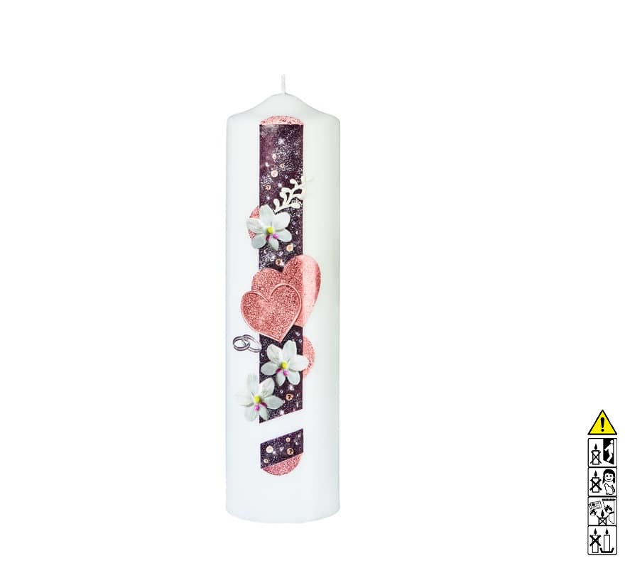Hochwertige individuelle Hochzeitskerze für die Trauung Herz mit weißen Blumen Rundkerze 300 x 80 mm