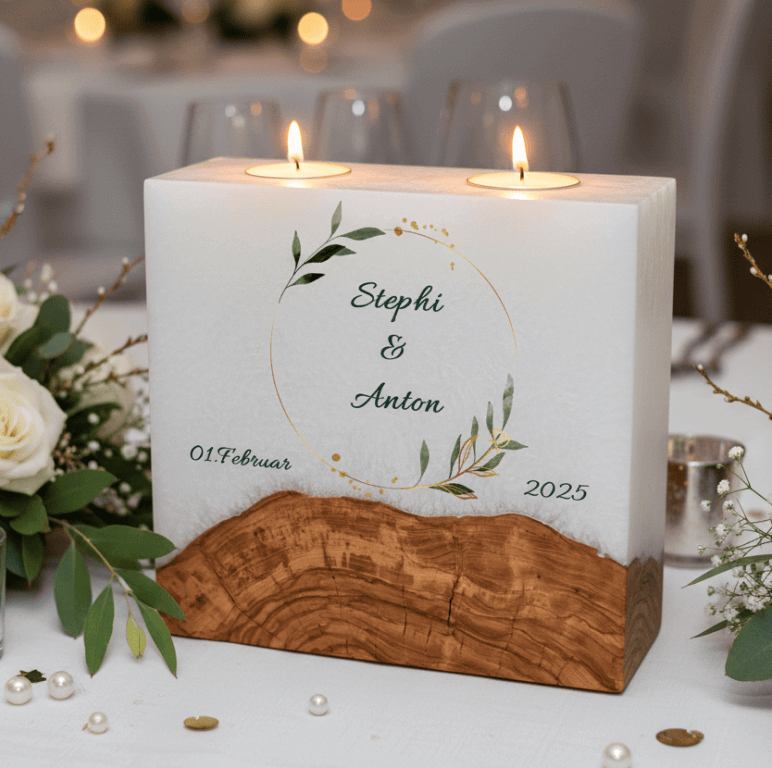 Hochzeitskerze Olivenkranz mit Sockel und 2 Teelichter 20 x 20 cm