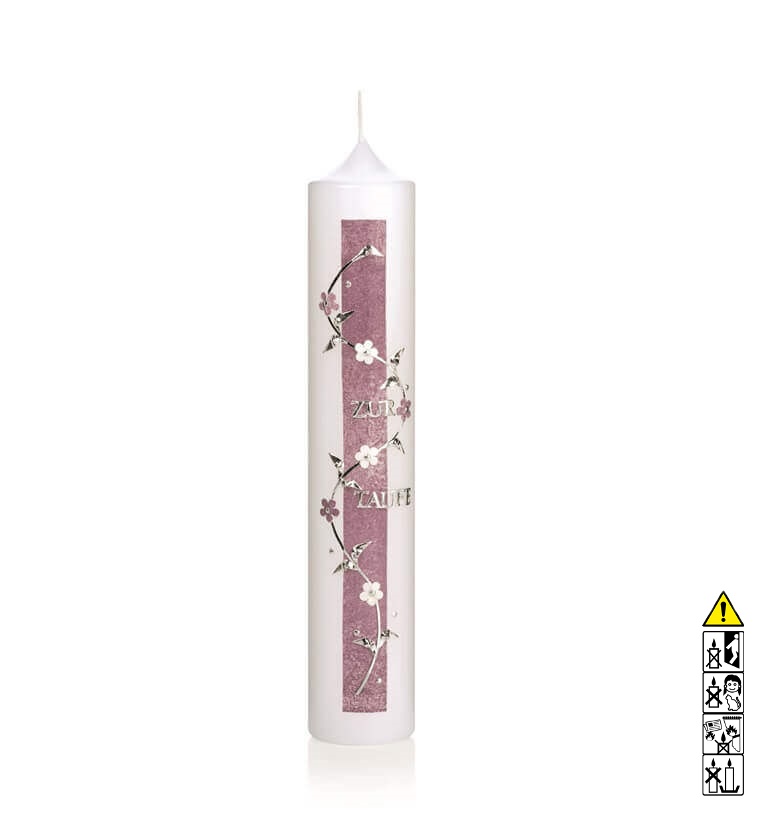 Taufkerze Mädchen Verzierung in rosa Blumen silber weiß Schriftzug "Zur Taufe" Hochwertige Taufkerze Mädchen Verzierung in rosa Blumen silber weiß Schriftzug "Zur Taufe" 265 x 50 mm