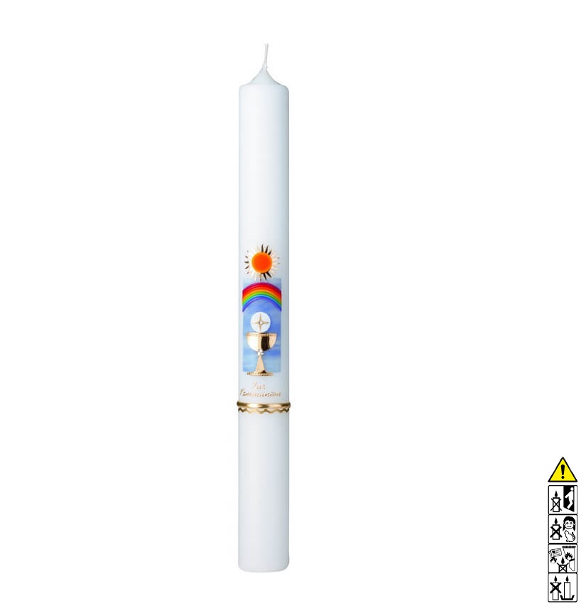 Kommunionkerze / Konfirmationskerze Kelch mit Regenbogen 400 x 40 mm Kommunionkerze und Konfirmationkerze kaufen mit Motiv. Kelch mit Regenbogen 400 x 40 mm