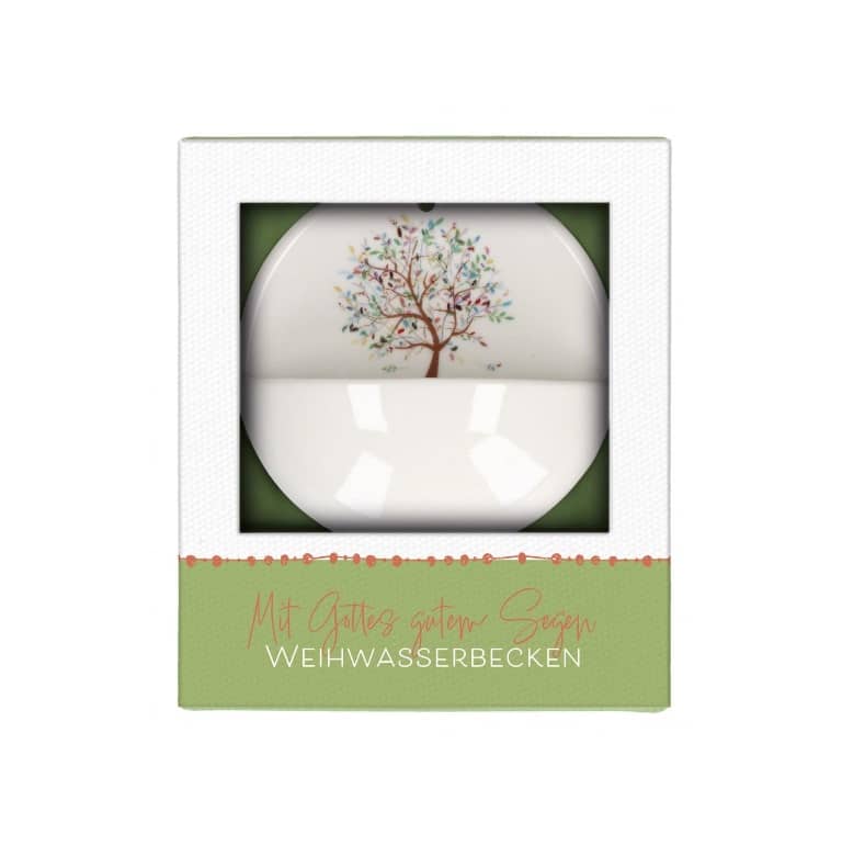 Weihwasserbecken - "Mit Gottes gutem Segen" aus Porzellan farbig bedruckt - 10 cm Ø