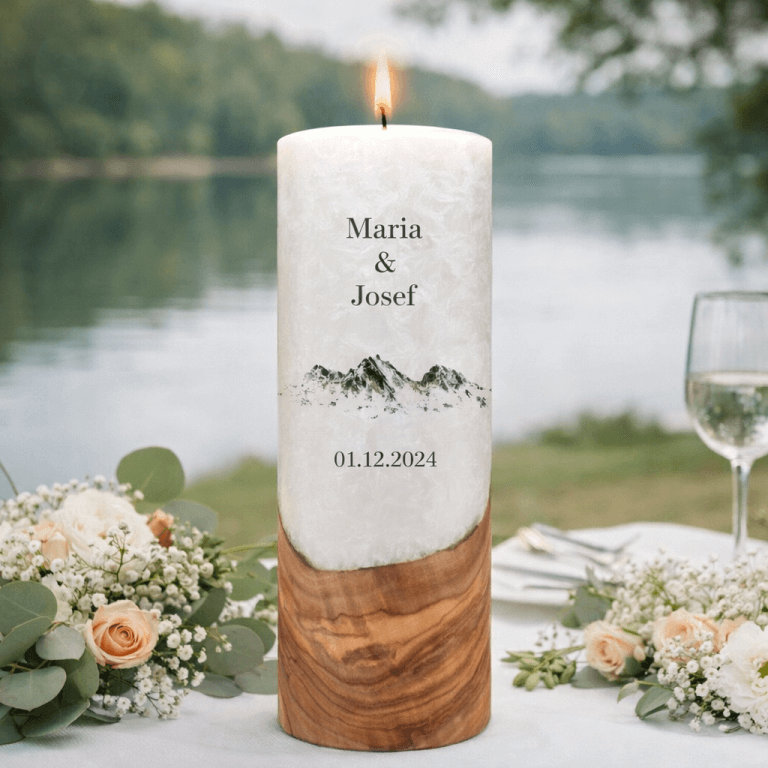 "Berge" Hochzeitskerze mit Holzelement 30 cm hoch