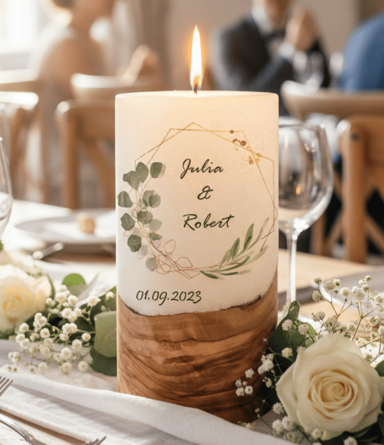 "Oliven und Eukalyptus" Hochzeitskerze mit Holzelement 20 cm hoch