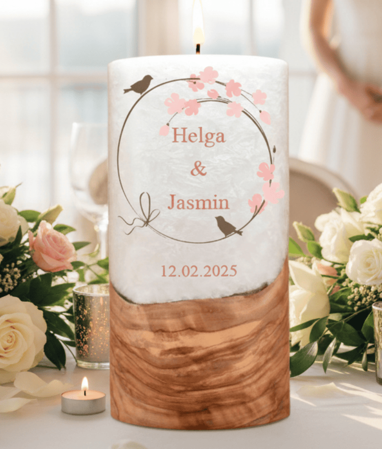 "Vogelpaar 3" Hochzeitskerze mit Holzelement 20 cm hoch