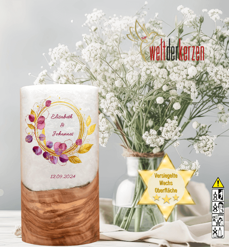 "Eukalyptus Bordaux" Hochzeitskerze mit Holzelement 20 cm hoch