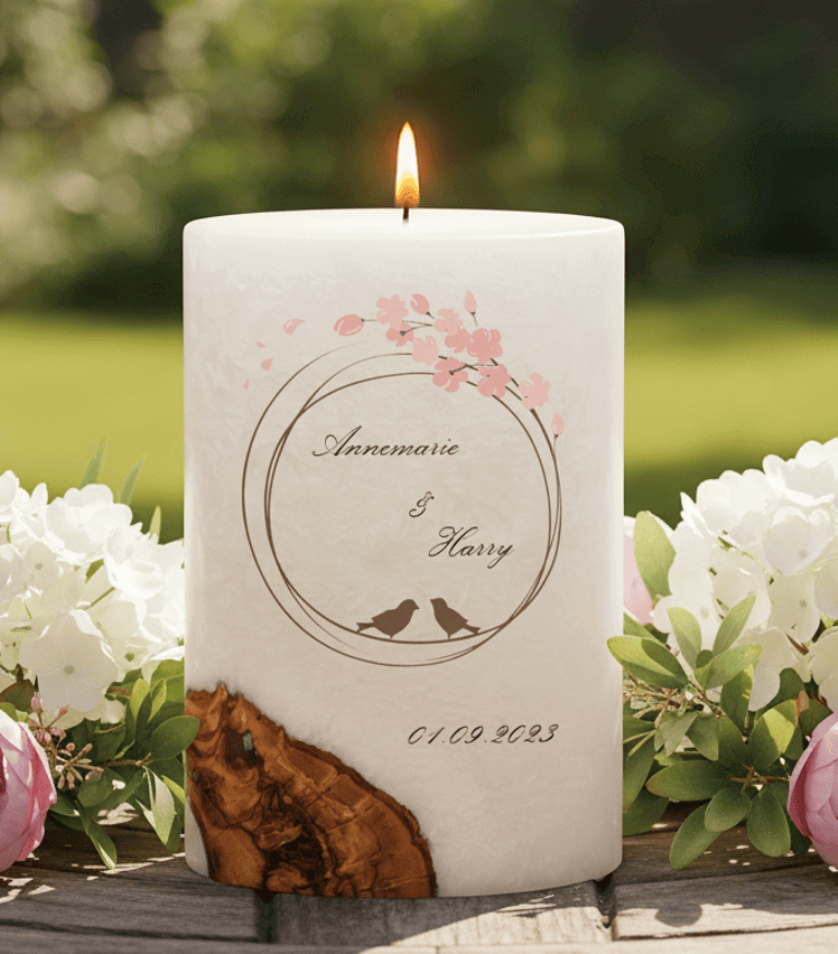 "Vogelpaar 1" Hochzeitskerze mit Holzelement. 14 x 21 cm oval mit Teelicht oder Docht