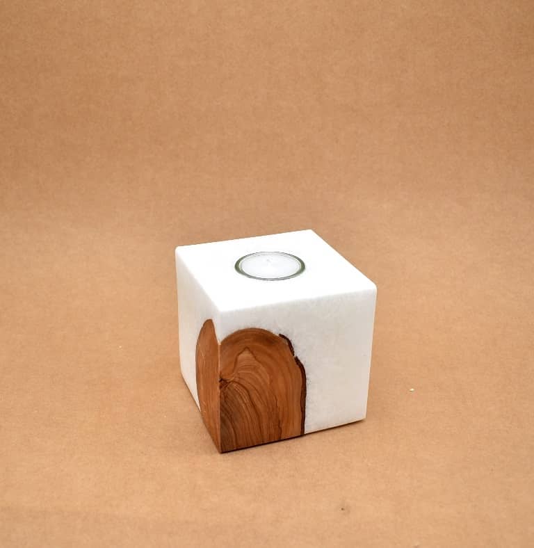 Kerze mit Holz Unikat Quader 100 x 100 x 100 mm 1 x Teelicht Nr: 3