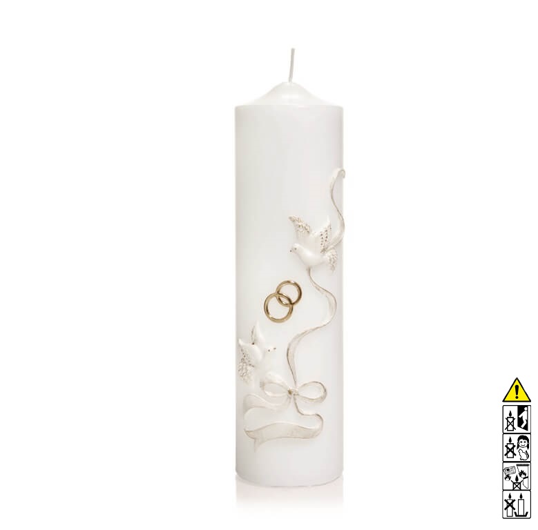 Individuelle Hochzeitskerze kaufen für die Trauung weisse Tauben mit Band verbunden 250 x 70 mm in weiss