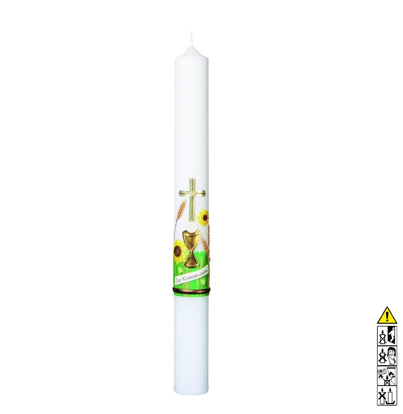 Kommunionkerze / Konfirmationskerze Kelch Kreuz Ähren Wiese 400 x 40 mm Kommunionkerze und Konfirmationkerze kaufen mit Motiv. Kelch Kreuz Ähren Wiese 400 x 40 mm