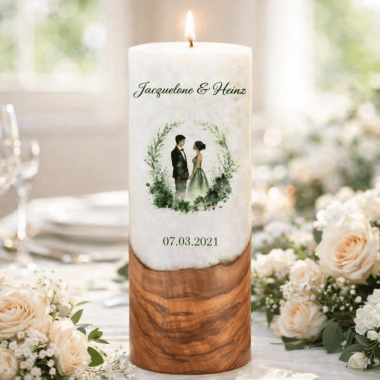 "Brautpaar im Kranz" Hochzeitskerze mit Holzelement 30 cm hoch