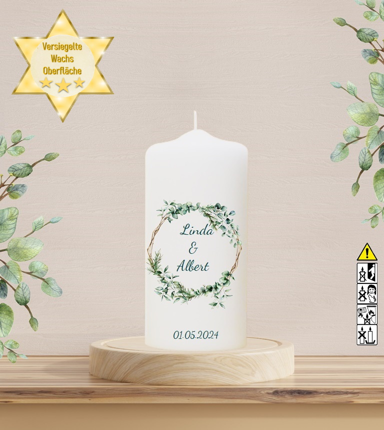 Personalisierte Hochzeitskerze "Eukalyptuszweige" 20 cm Personalisierte Hochzeitskerze "Eukalyptuszweige" 20 cm