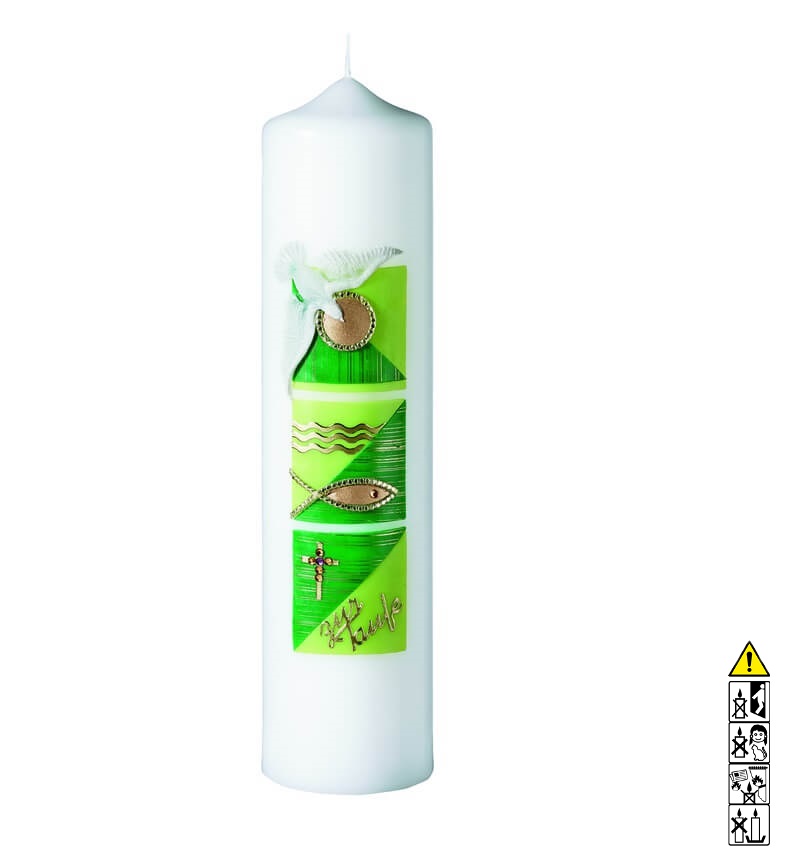 Taufkerze Taube Fisch Kreuz in grün 250 x 60 mm Taufkerze kaufen mit Motiv Taube Fisch Kreuz in grün 250 x 60 mm