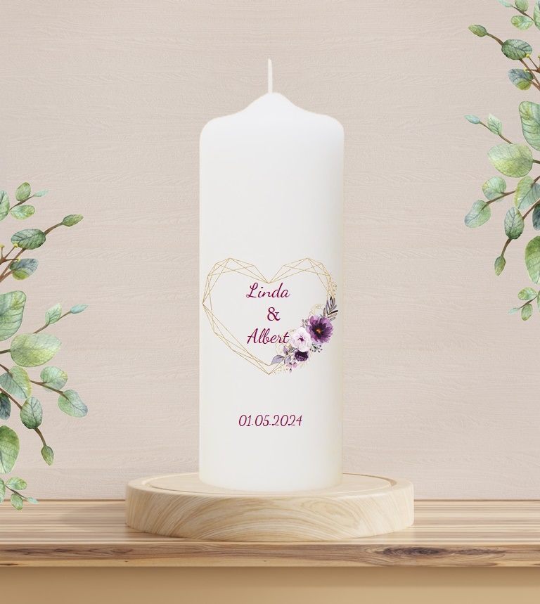 Personalisierte Hochzeitskerze "Herz in Lila" 25 cm