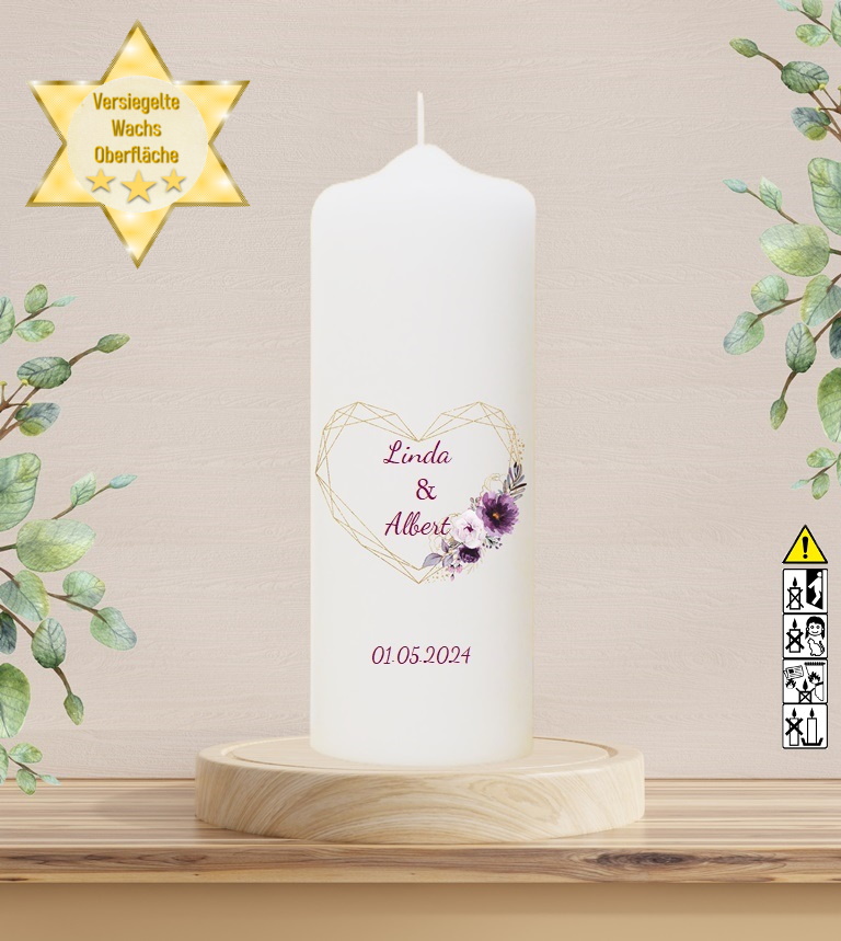 Personalisierte Hochzeitskerze "Herz in Lila" 25 cm Personalisierte Hochzeitskerze "Herz in Lila" 25 cm