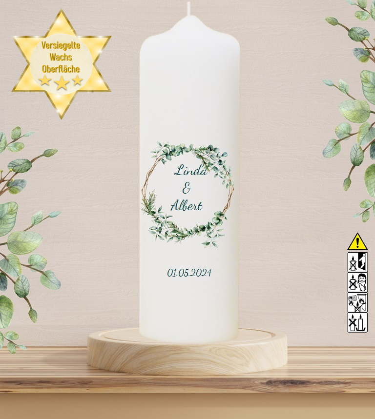 Personalisierte Hochzeitskerze "Eukalyptuszweige" 30 cm Personalisierte Hochzeitskerze "Eukalyptuszweige" 30 cm