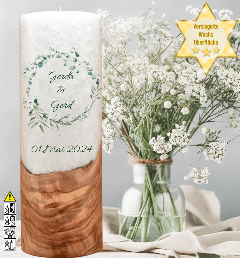 "Eukalyptuskranz 3" Hochzeitskerze mit Holzelement 30 cm hoch "Eukalyptuskranz 3" Hochzeitskerze mit Holzelement 30 cm hoch