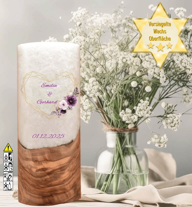 "Herz in Lila" Hochzeitskerze mit Holzelement 25 cm hoch "Herz in Lila" Hochzeitskerze mit Holzelement 25 cm hoch