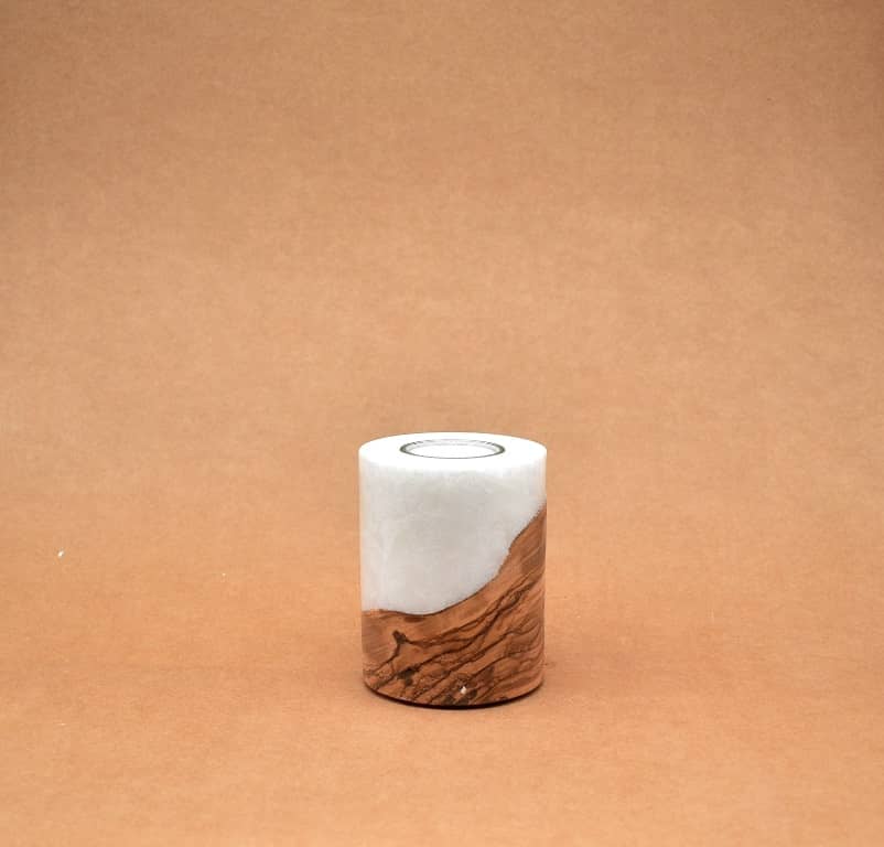Kerze mit Holz Unikat Rund 80 x 100 mm mit Teelicht Nr.: 5