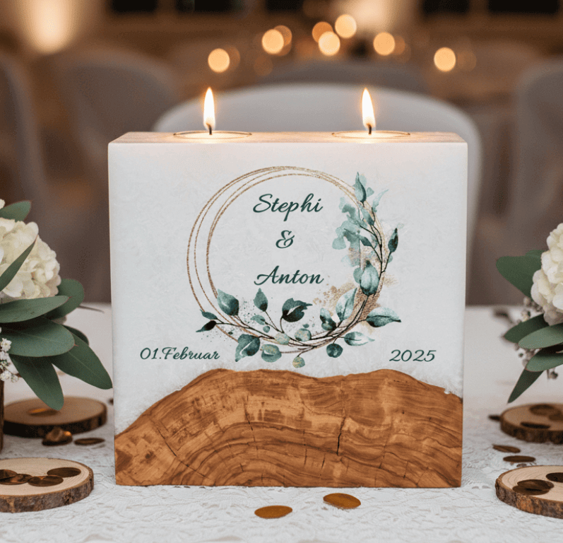 Hochzeitskerze Eukalyptus Ring in Gold mit Sockel und 2 Teelichter 20 x 20 cm