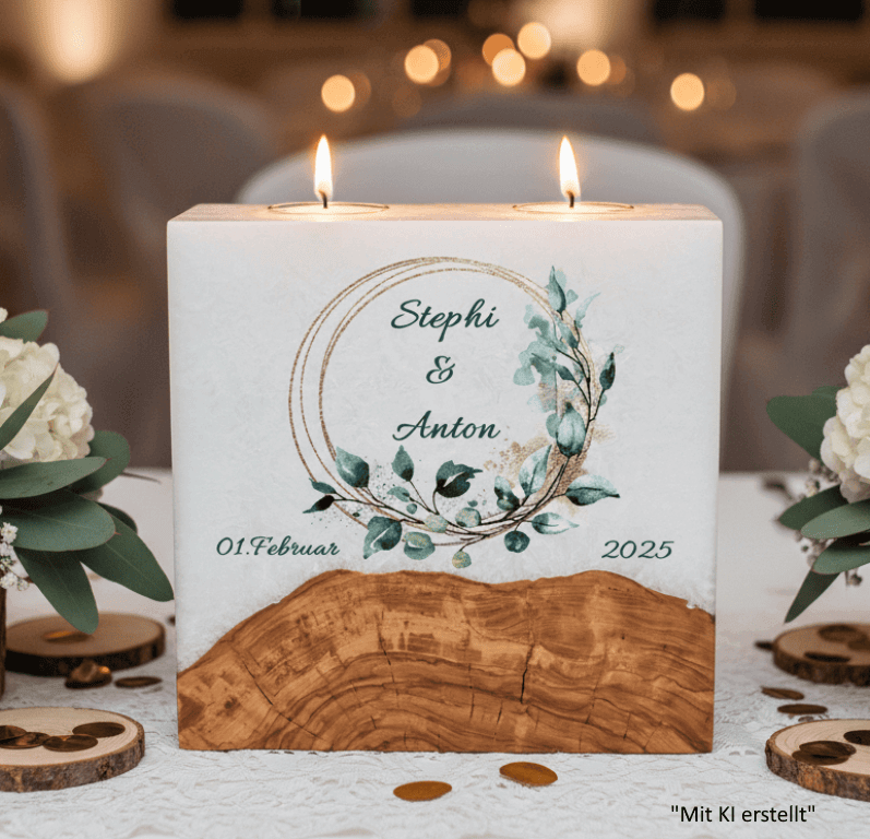 Hochzeitskerze Eukalyptus Ring in Gold mit Sockel und 2 Teelichter 20 x 20 cm