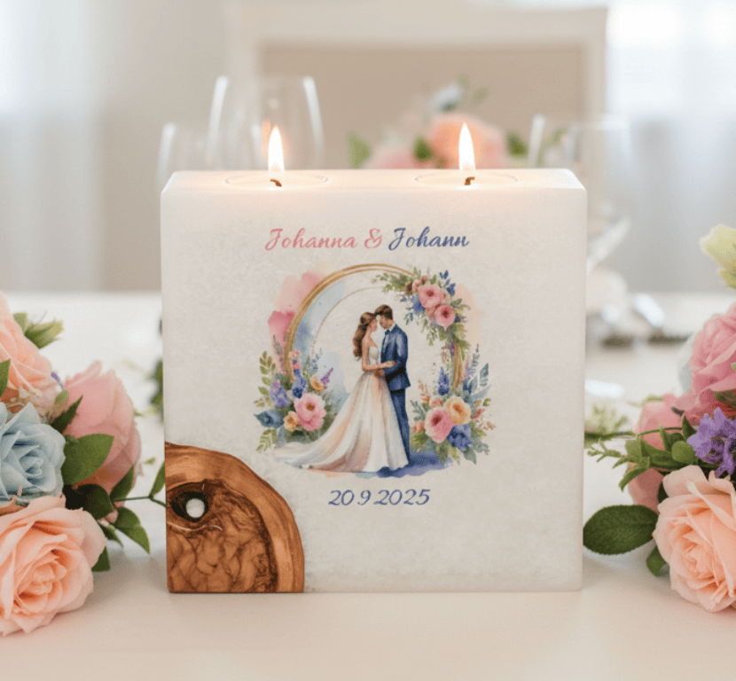 Hochzeitskerze "Brautpaar im Rosenbogen" mit 1 Holzelement und 2 Teelichter 20 x 20 cm