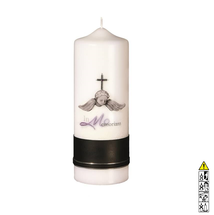 Eine edle Kerze für die Trauer und zum Gedenken weiss Engel mit Kreuz in Silber 200 x 70 mm