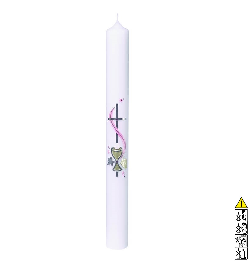 Kommunionkerze / Konfirmationskerze Kelch mit Kreuz rosa 400 x 40 mm Kommunionkerze und Konfirmationkerze kaufen mit Motiv. Kelch mit Kreuz rosa 400 x 40 mm