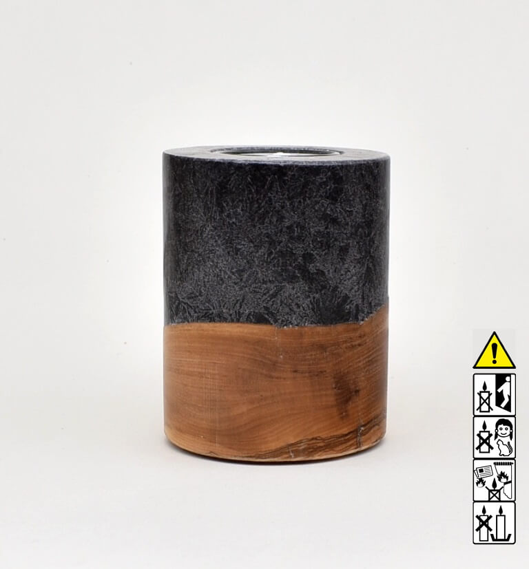Kerze mit Holz Unikat Rund 80 x 100 mm mit Teelicht in schwarz