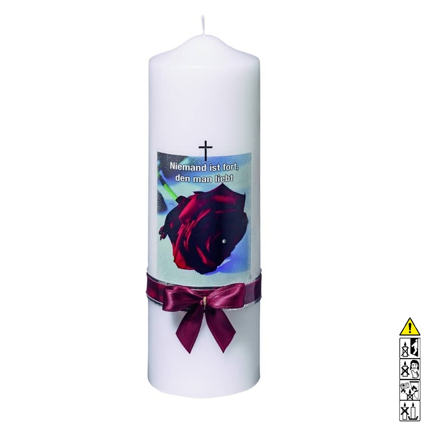 Eine edle Kerze für die Trauer und zum Gedenken weiss rote Rose mit Kreuz und Band 250 x 80 mm
