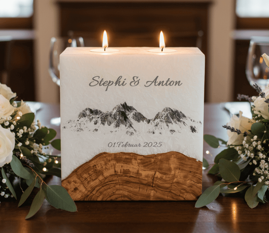 "Berge" Hochzeitskerze mit Sockel und 2 Teelichter 20 x 20 cm