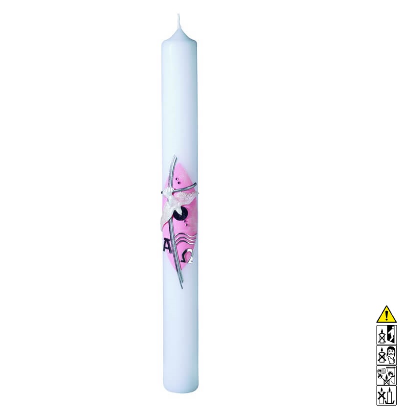 Taufkerze kaufen mit Motiv Taube mit silbernen Kreuz rosa 400 x 40 mm