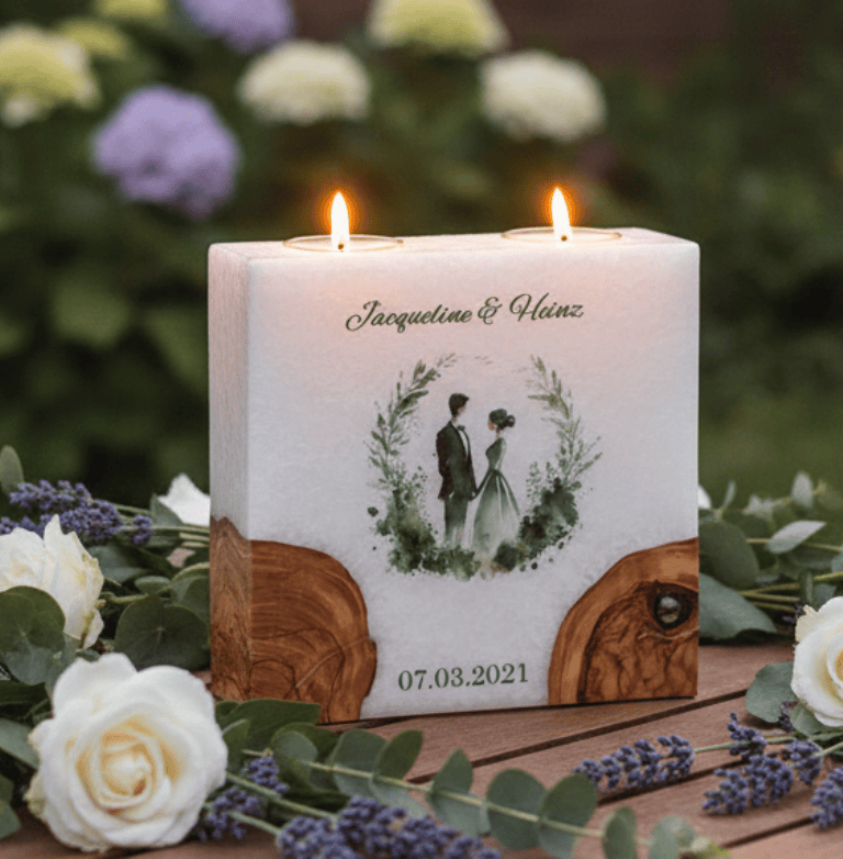 "Brautpaar im Kranz" Hochzeitskerze mit 2 Holzelementen und 2 Teelichter 20 x 20 cm