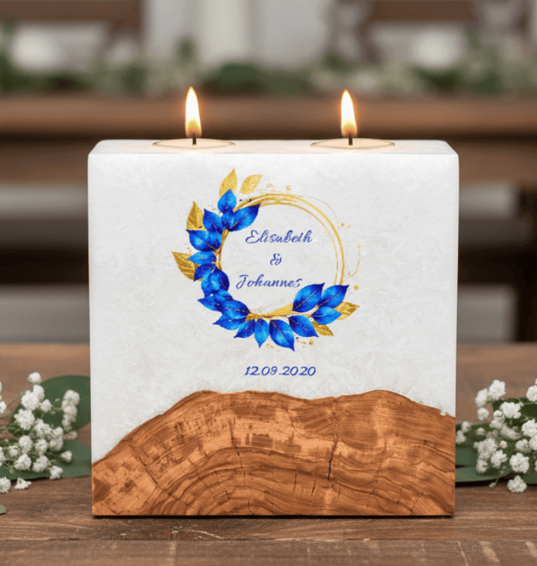 Hochzeitskerze "Eukalyptus Blau" mit Sockel und 2 Teelichter 20 x 20 cm