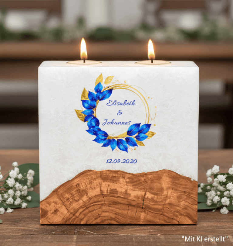 Hochzeitskerze "Eukalyptus Blau" mit Sockel und 2 Teelichter 20 x 20 cm