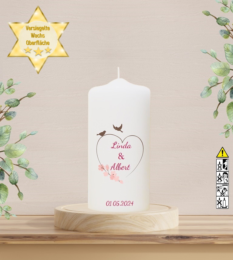 Personalisierte Hochzeitskerze "Vogelpaar Herz" 20 cm Personalisierte Hochzeitskerze "Vogelpaar Herz" 20 cm