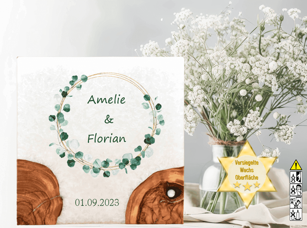 Hochzeitskerze mit Holzelement. Motiv: Eukalyptus Ring gold günstig in unserem Onlineshop kaufen. Personalisierte Hochzeitskerze online kaufen