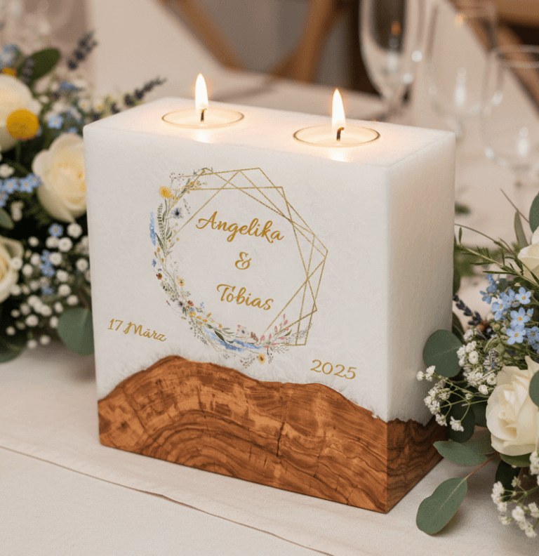 "Frühlingsblumen Kranz" Hochzeitskerze mit Sockel und 2 Teelichter 20 x 20 cm